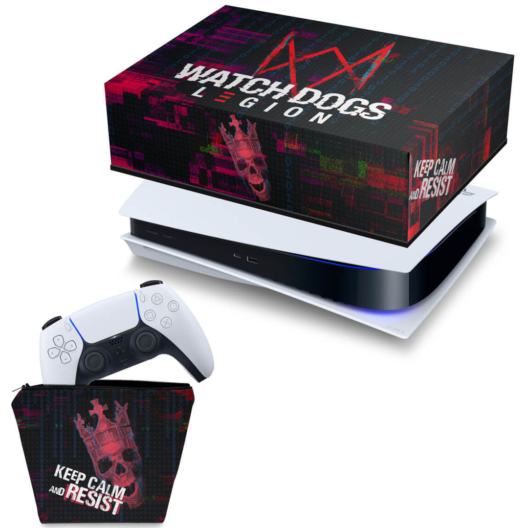 KIT Capa Anti Poeira e Case Controle PS5 Fat Horizontal - Watch Dogs Legion - Pop Arte Skins