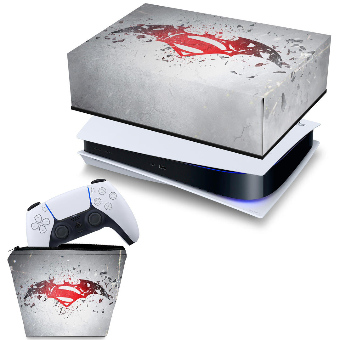 KIT Capa Anti Poeira e Case Controle PS5 Fat Horizontal - Batman Vs Superman Logo - Pop Arte Skins