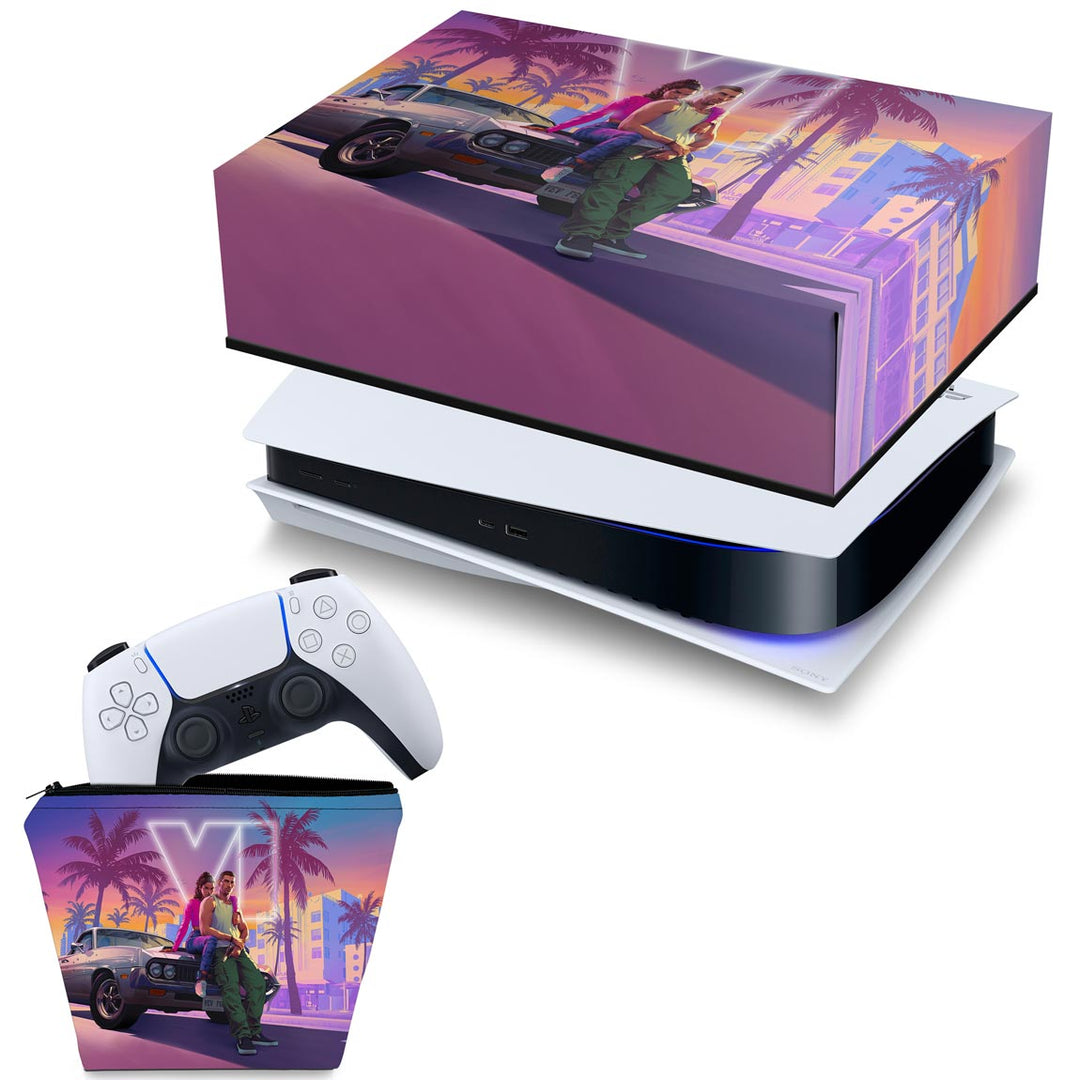 KIT Capa Anti Poeira e Case Controle PS5 Fat Horizontal - GTA 6 VI - Pop Arte Skins