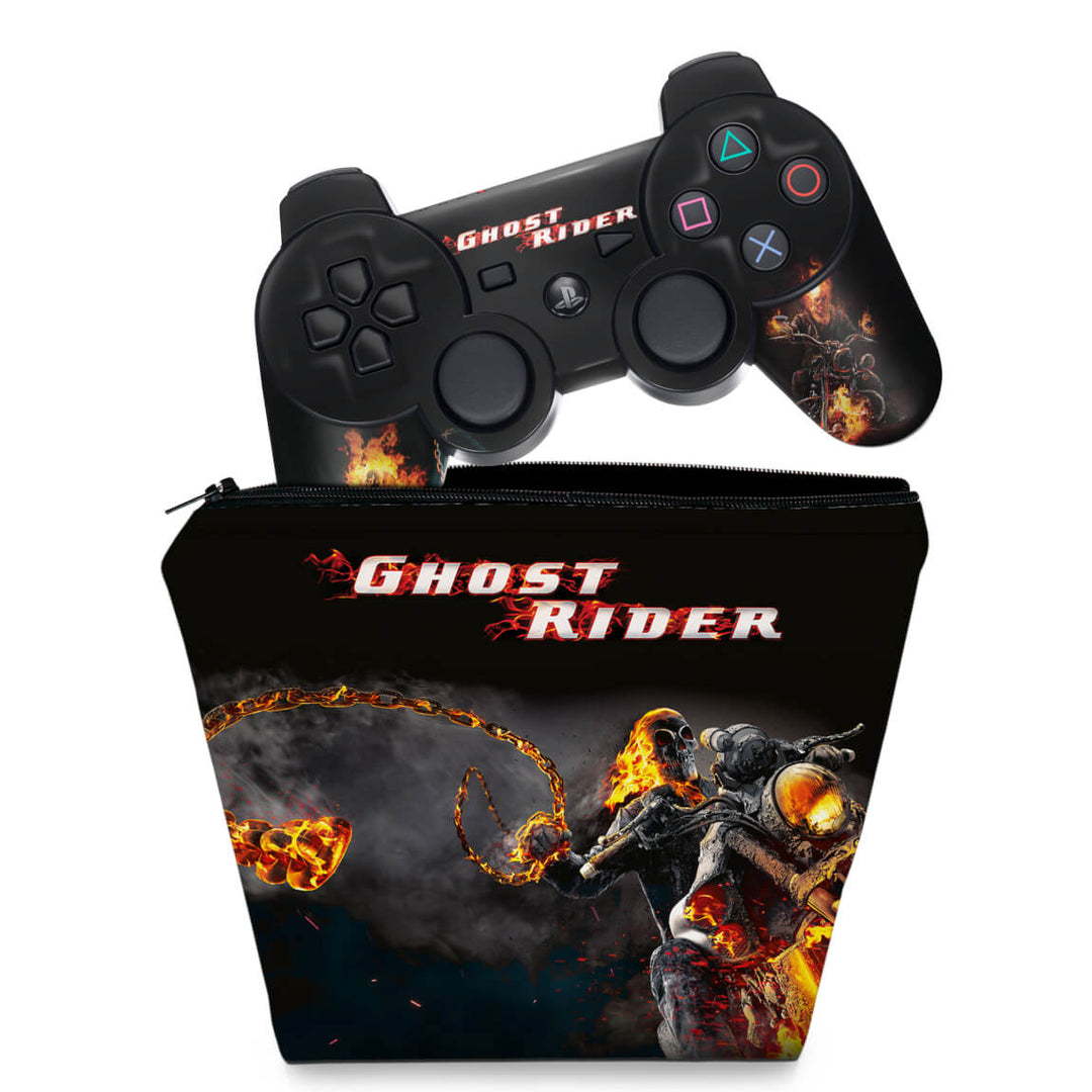 KIT Capa Case e Skin Anti-Rage PS3 Controle - Ghost Rider Motoqueiro #a - Pop Arte Skins