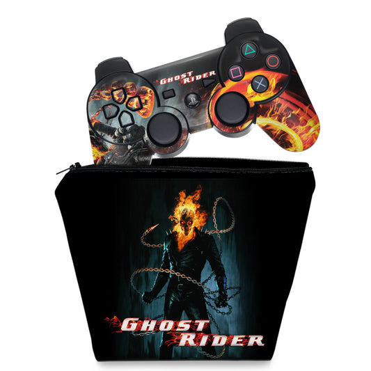 KIT Capa Case e Skin Anti-Rage PS3 Controle - Ghost Rider Motoqueiro #b