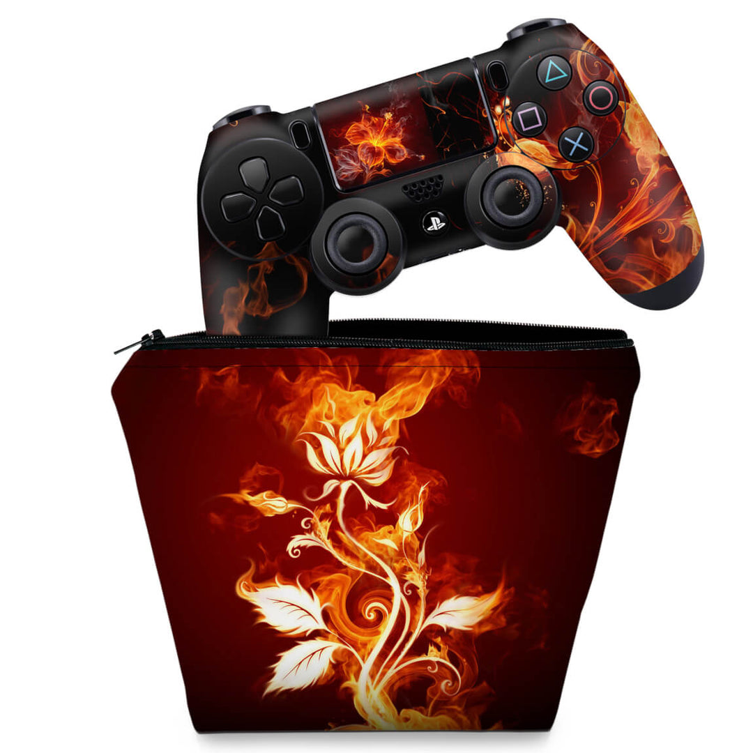 KIT Capa Case e Skin Anti-Rage PS4 Controle - Fire Flower - Pop Arte Skins