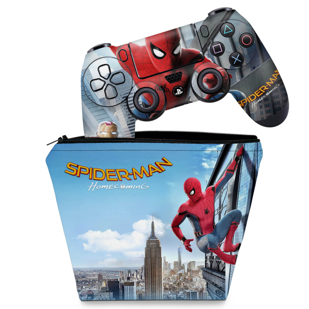 KIT Capa Case e Skin Anti-Rage PS4 Controle - Spiderman - Homem Aranha Homecoming - Pop Arte Skins