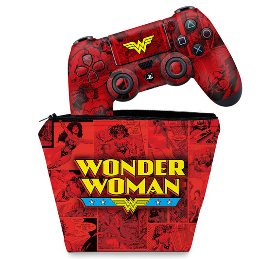 KIT Capa Case e Skin Anti-Rage PS4 Controle - Mulher Maravilha Comics