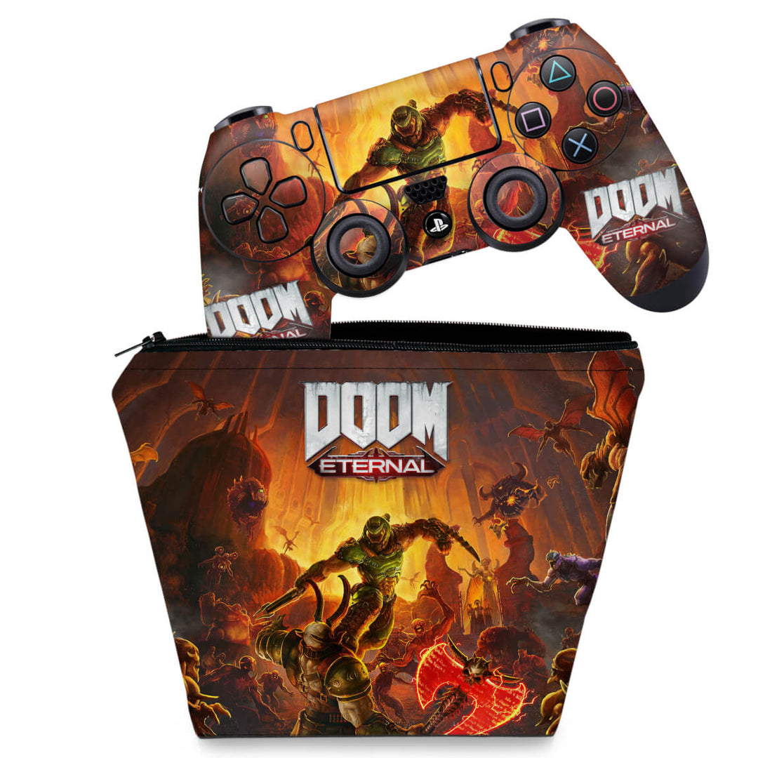 KIT Capa Case e Skin Anti-Rage PS4 Controle - Doom Eternal - Pop Arte Skins