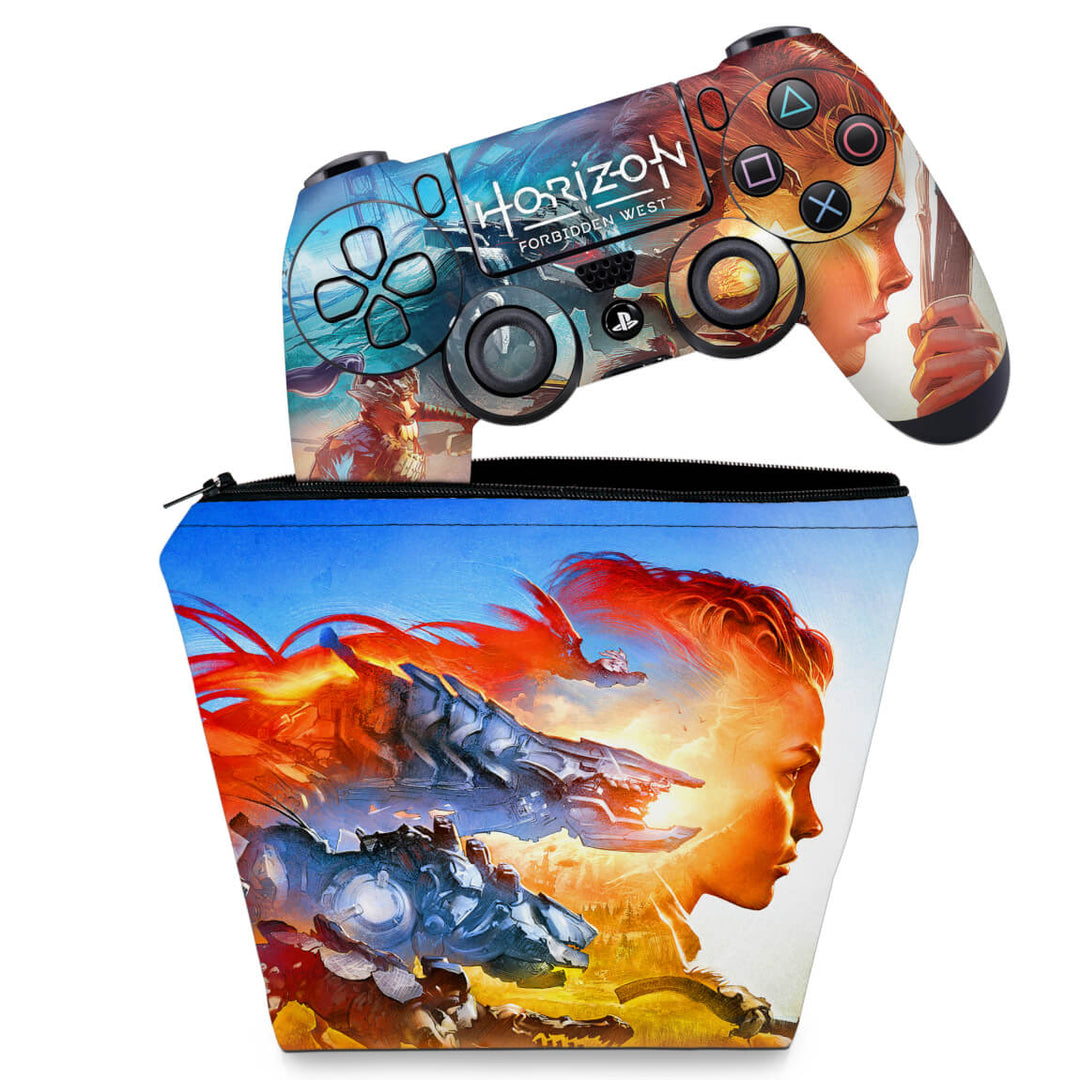 KIT Capa Case e Skin Anti-Rage PS4 Controle - Horizon Forbidden West - Pop Arte Skins