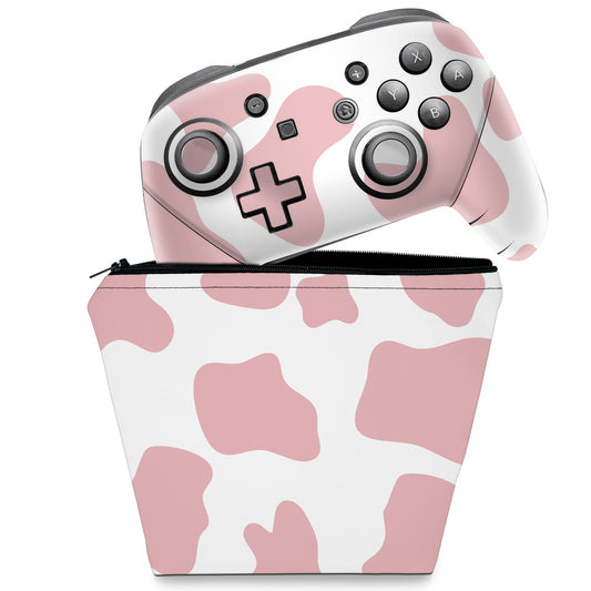 KIT Capa Case e Skin Anti-Rage Nintendo Switch Pro Controle - Vaquinha Rosa