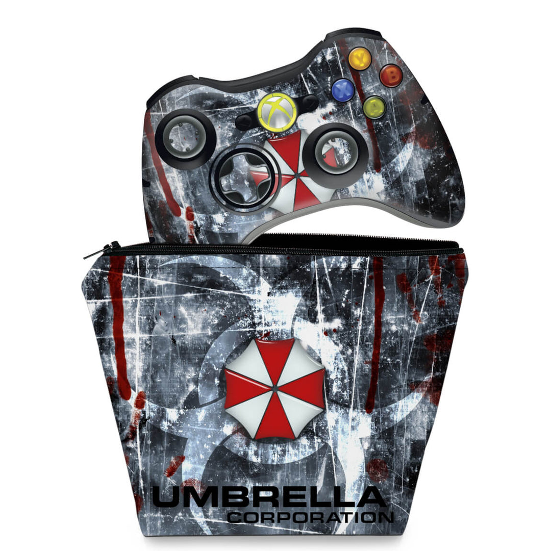 KIT Capa Case e Skin Anti-Rage Xbox 360 Controle - Resident Evil Umbrella - Pop Arte Skins
