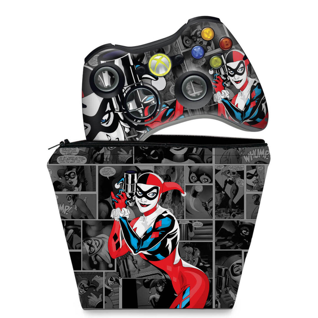 KIT Capa Case e Skin Anti-Rage Xbox 360 Controle - Arlequina Harley Quinn - Pop Arte Skins