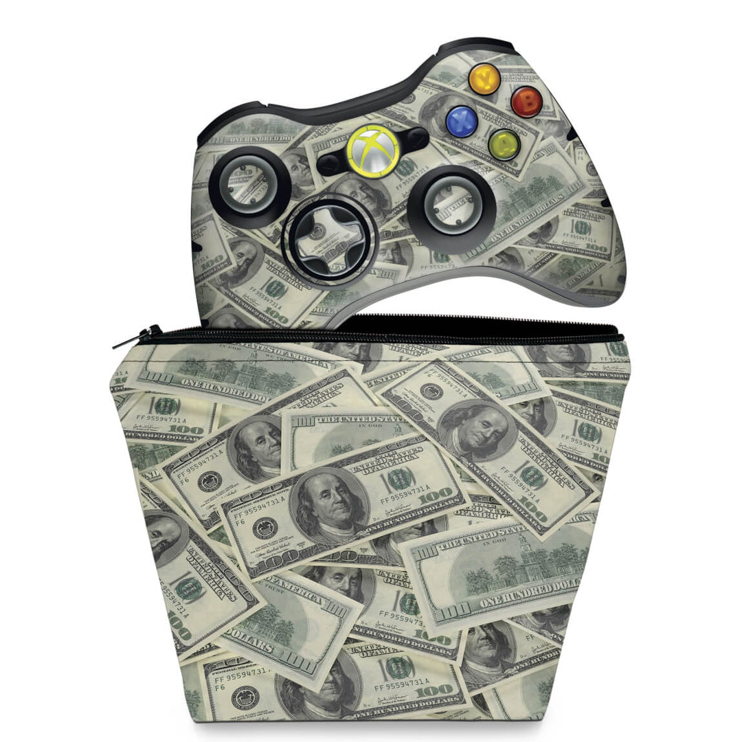 KIT Capa Case e Skin Anti-Rage Xbox 360 Controle - Dollar Money Dinheiro - Pop Arte Skins