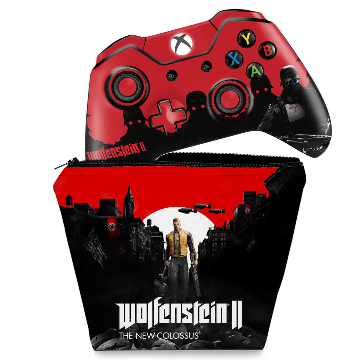 KIT Capa Case e Skin Anti-Rage Xbox One Fat Controle - Wolfenstein 2 New Order