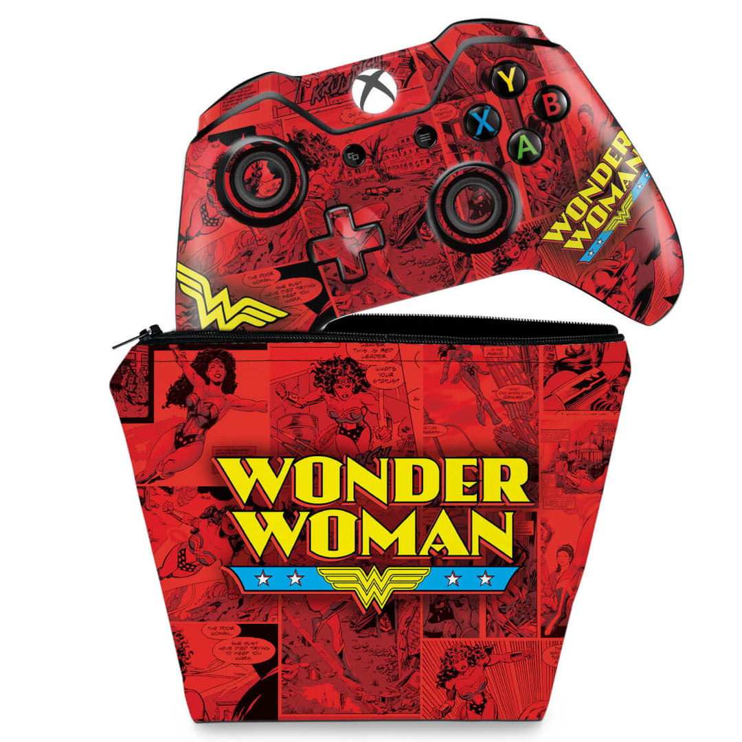 KIT Capa Case e Skin Anti-Rage Xbox One Fat Controle - Mulher Maravilha Comics