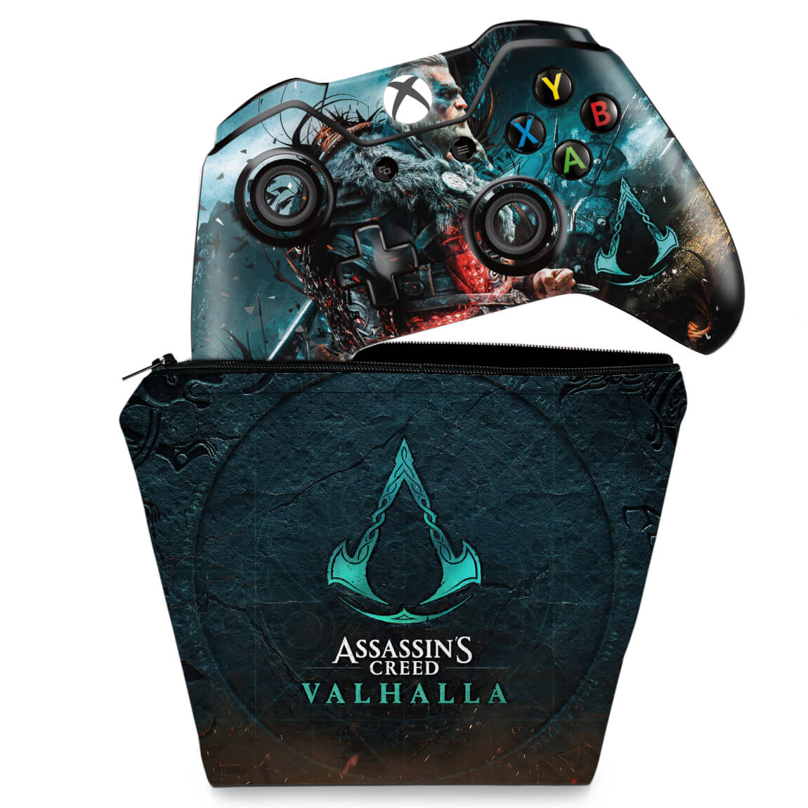 KIT Capa Case e Skin Anti-Rage Xbox One Fat Controle - Assassin's Creed Valhalla