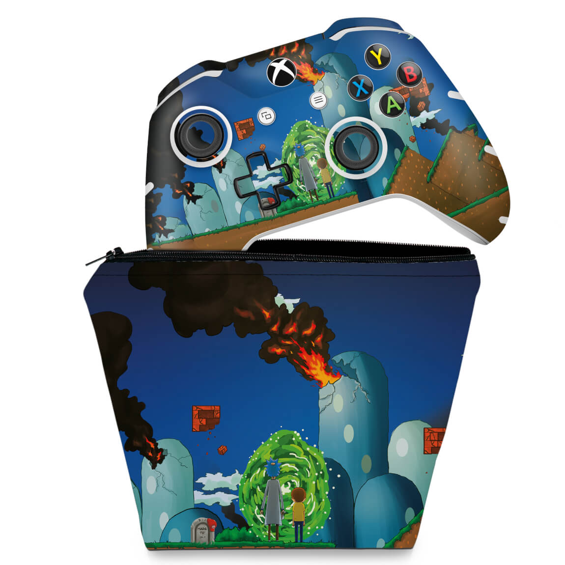 KIT Capa Case e Skin Anti-Rage Xbox One Slim X Controle - Rick And Morty Mario