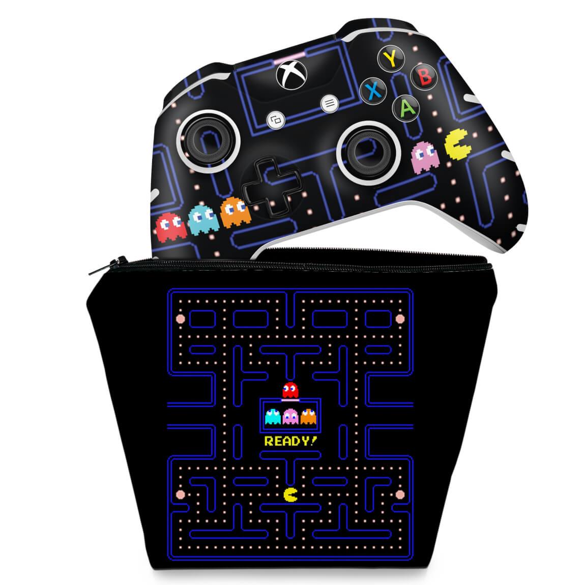 KIT Capa Case e Skin Anti-Rage Xbox One Slim X Controle - Pac Man