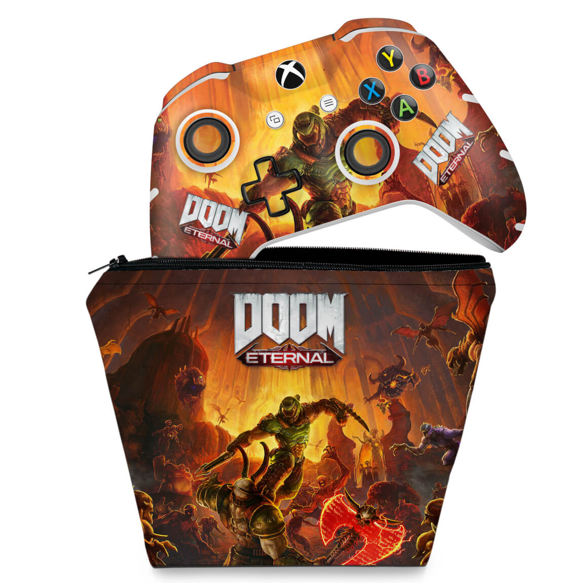 KIT Capa Case e Skin Anti-Rage Xbox One Slim X Controle - Doom Eternal