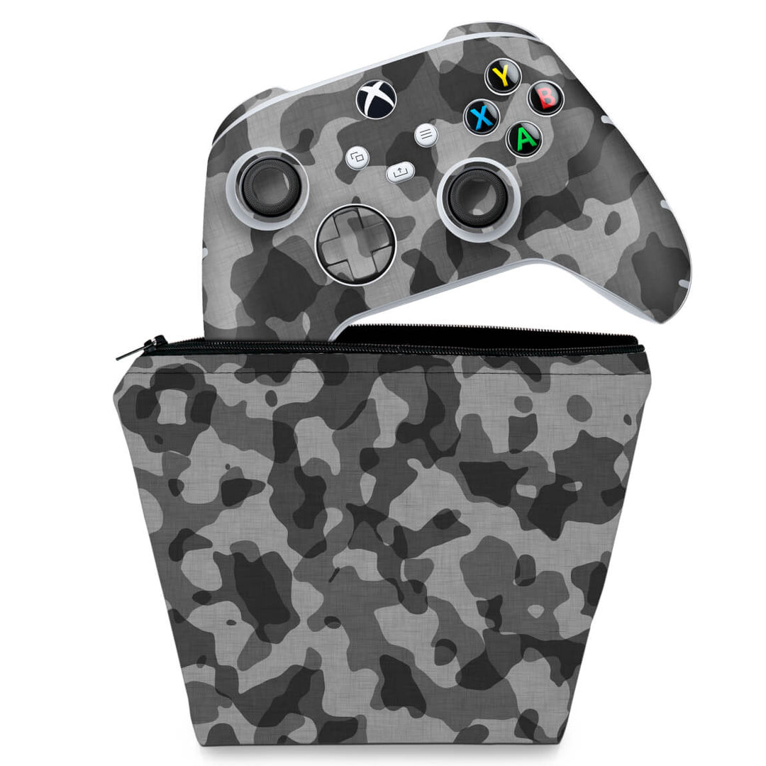 KIT Capa Case e Skin Anti-Rage Xbox Series S X Controle - Camuflado Cinza - Pop Arte Skins