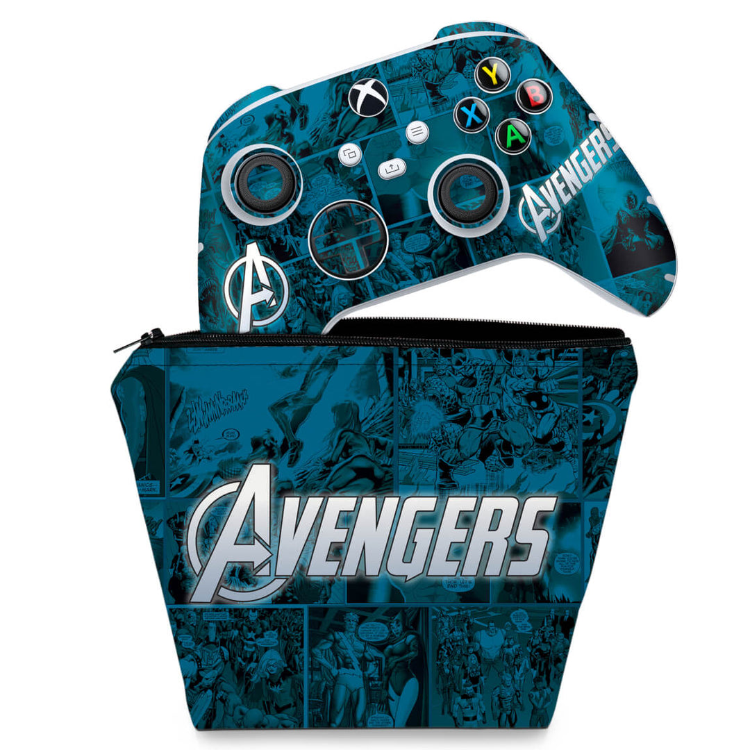 KIT Capa Case e Skin Anti-Rage Xbox Series S X Controle - Avengers Vingadores Comics - Pop Arte Skins