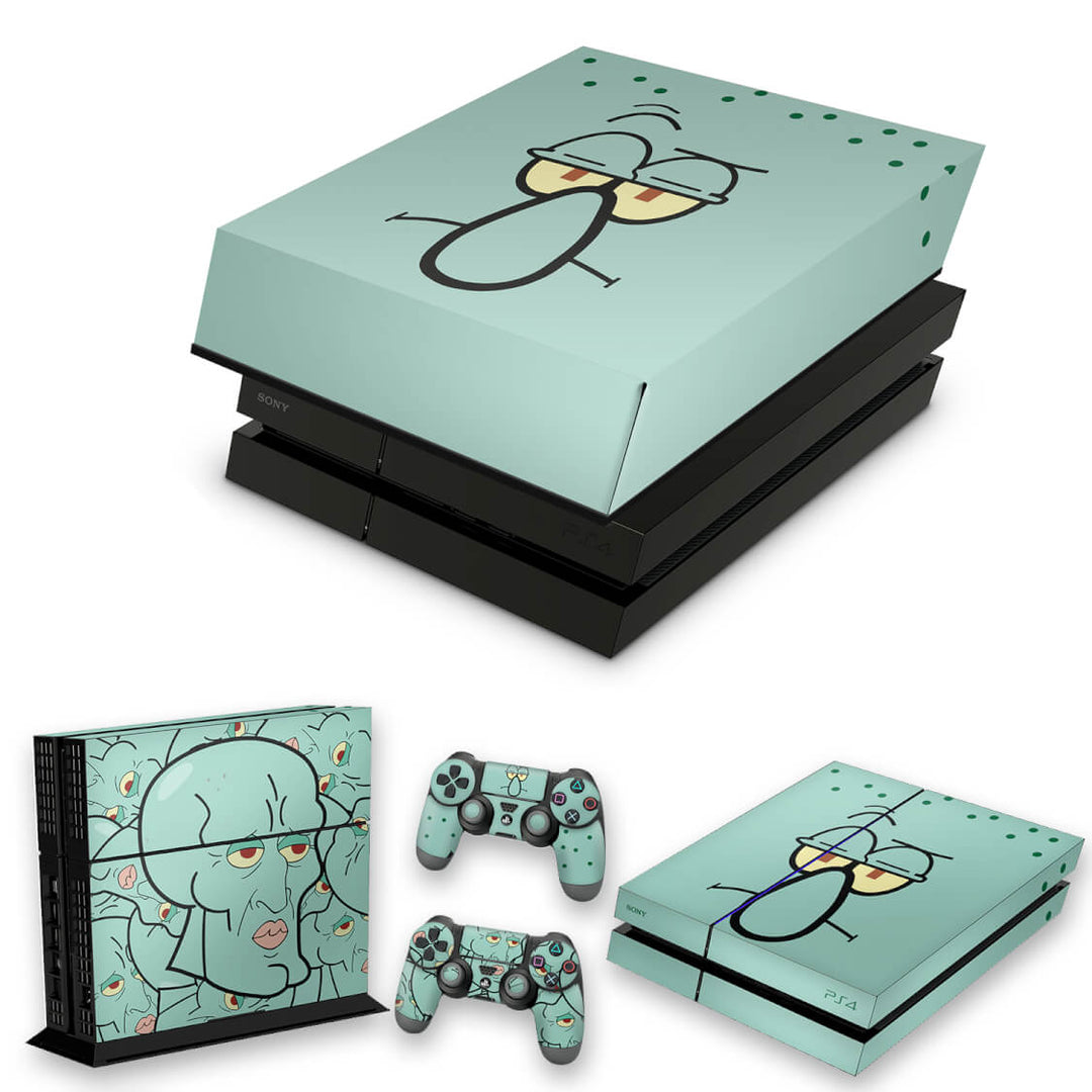 KIT Capa Anti Poeira e Skin Anti-Rage PS4 Fat - Lula Molusco Bob Esponja - Pop Arte Skins