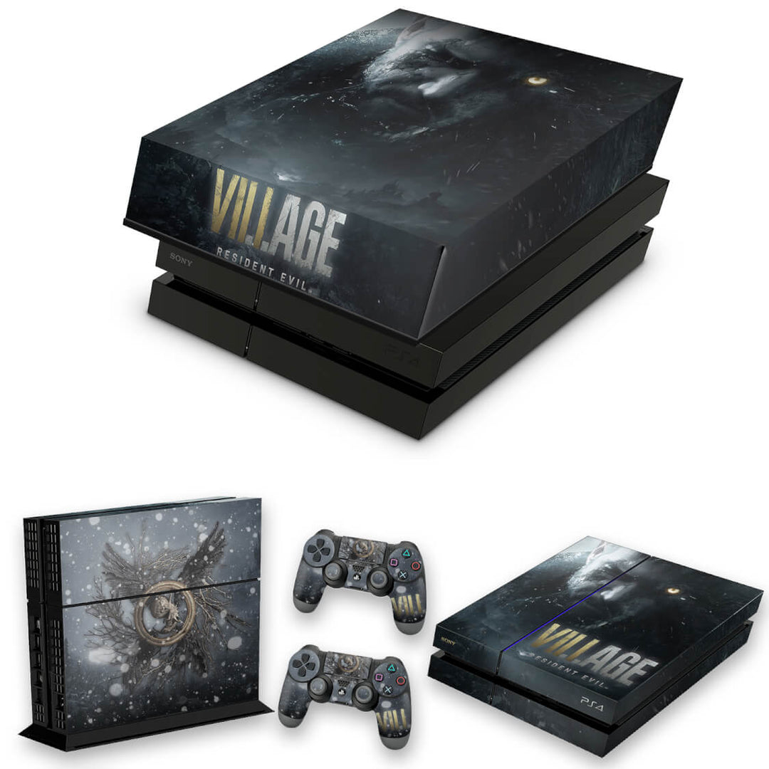 KIT Capa Anti Poeira e Skin Anti-Rage PS4 Fat - Resident Evil Village - Pop Arte Skins