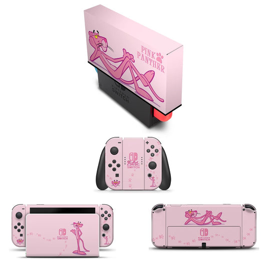 KIT Capa Anti Poeira e Skin Anti-Rage Nintendo Switch 1 Oled - Pantera Cor de Rosa