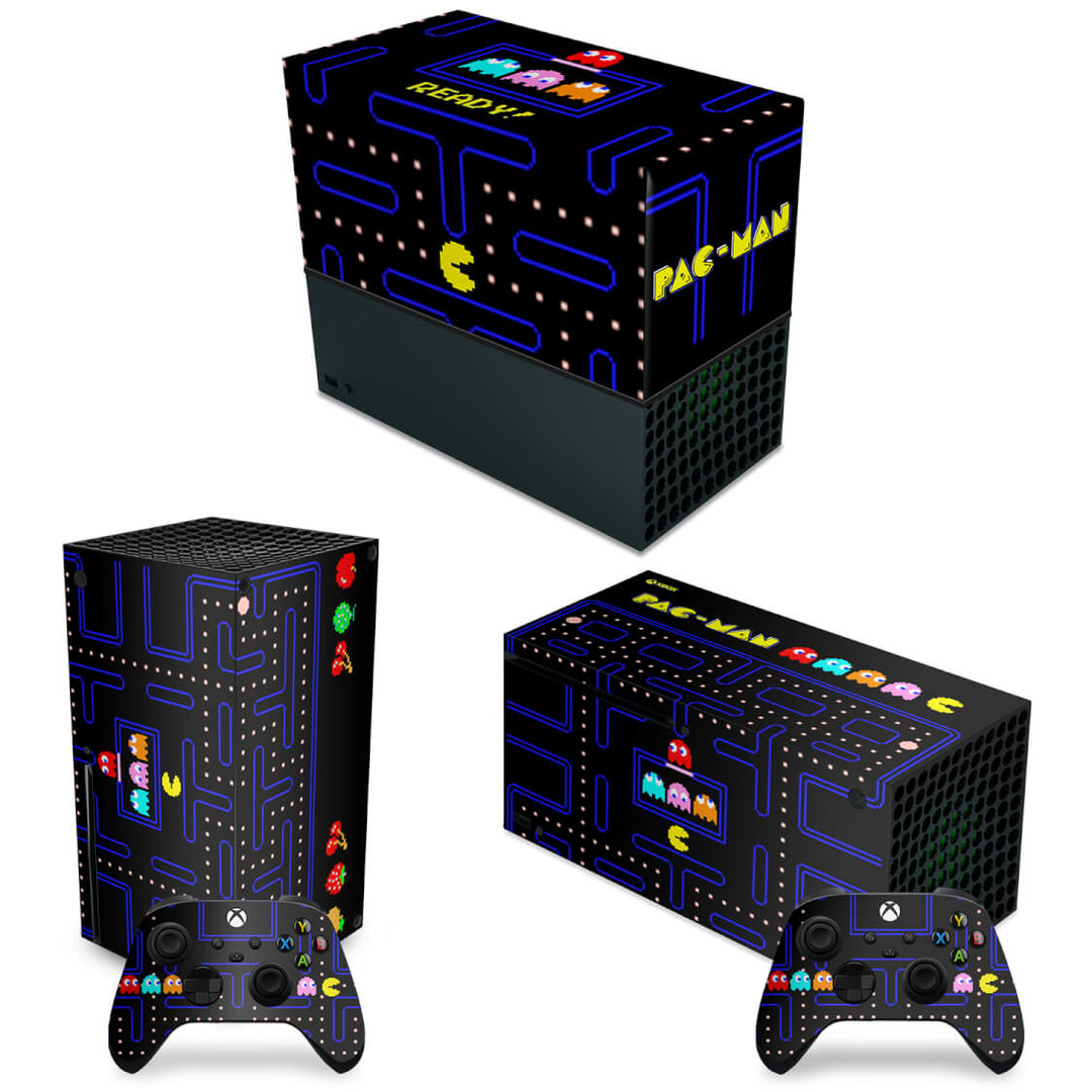 KIT Capa Anti Poeira e Skin Anti-Rage Xbox Series X Horizontal - Pac Man - Pop Arte Skins