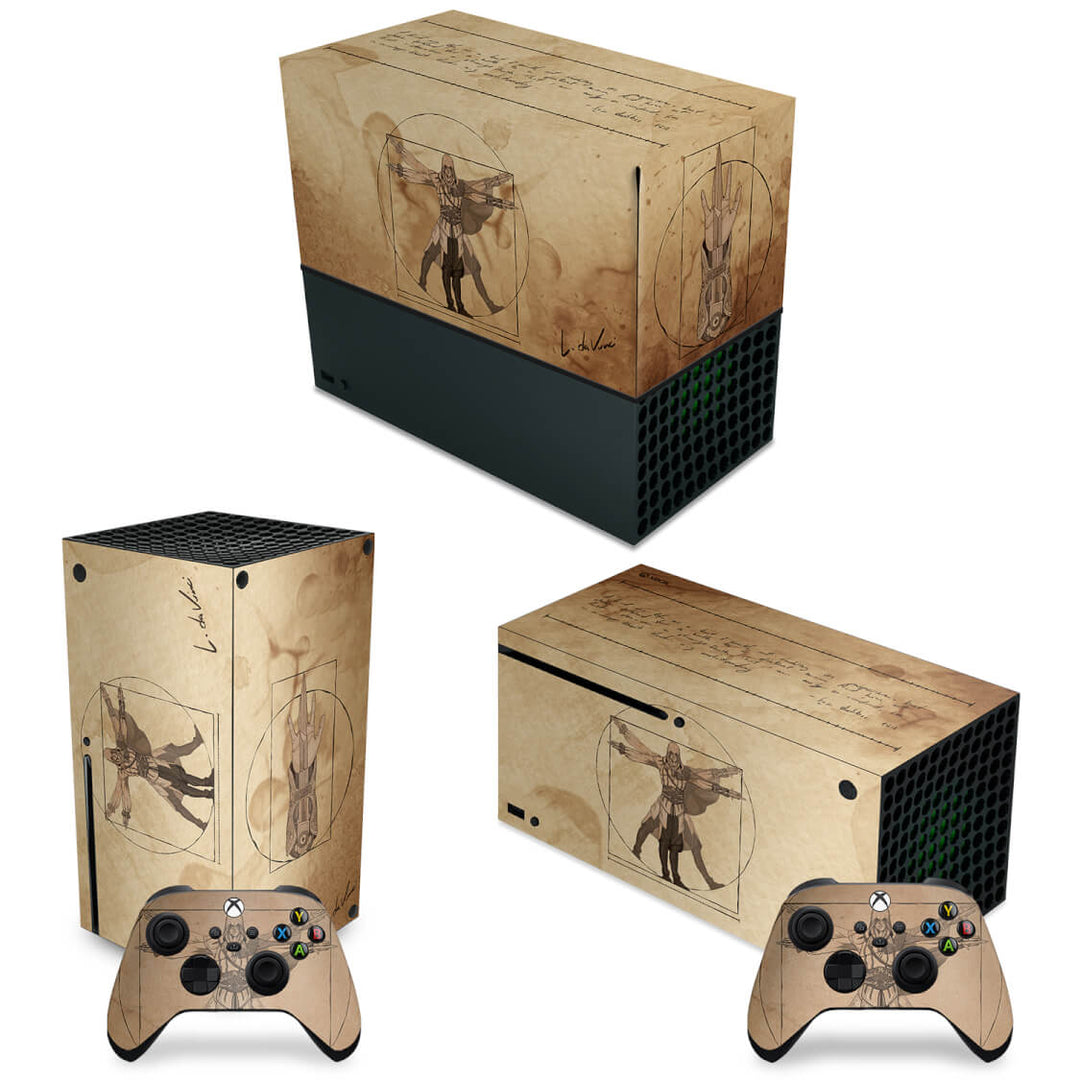 KIT Capa Anti Poeira e Skin Anti-Rage Xbox Series X Horizontal - Assassin’S Creed Vitruviano - Pop Arte Skins