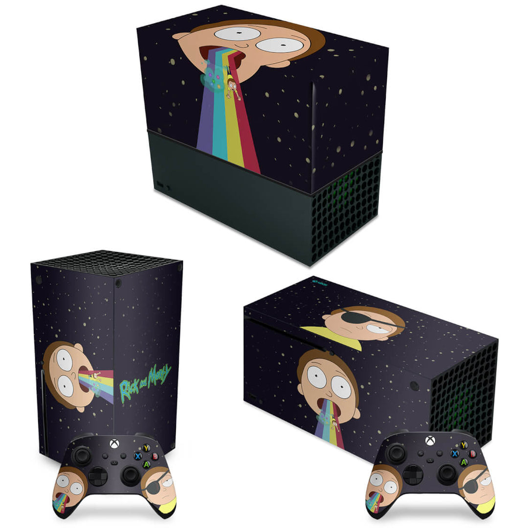 KIT Capa Anti Poeira e Skin Anti-Rage Xbox Series X Horizontal - Morty Rick And Morty - Pop Arte Skins