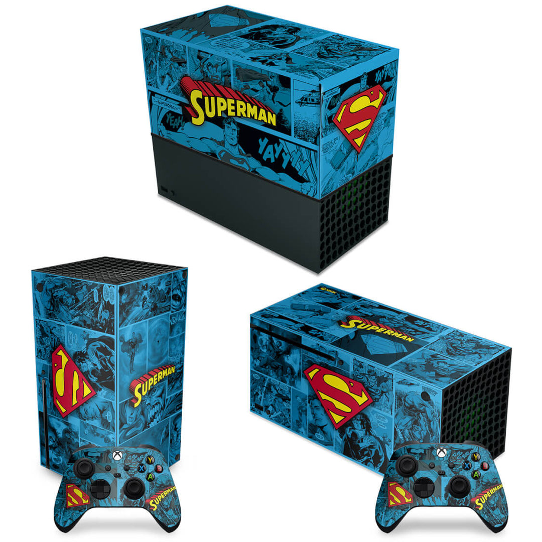 KIT Capa Anti Poeira e Skin Anti-Rage Xbox Series X Horizontal - Superman Comics - Pop Arte Skins