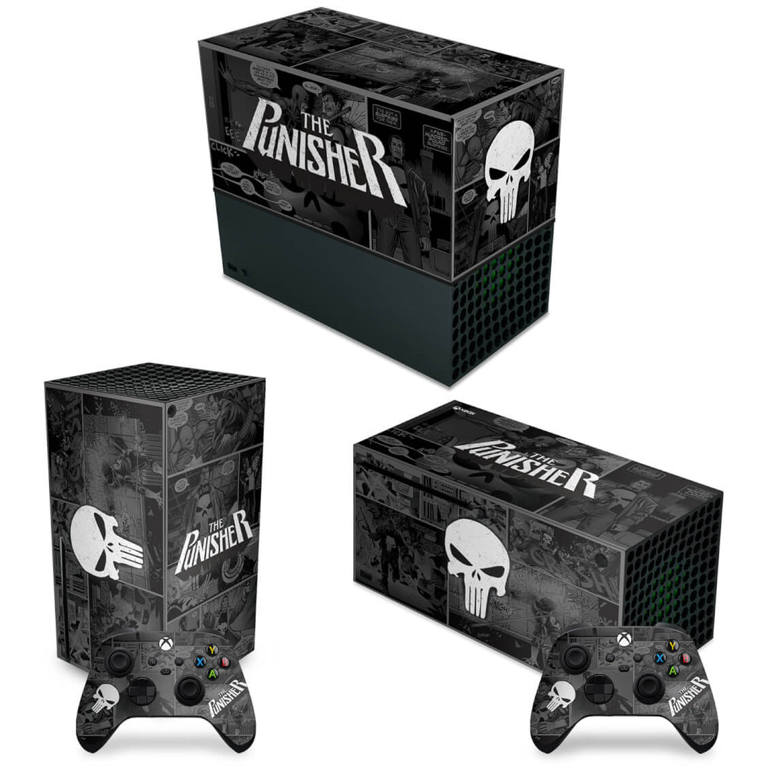 KIT Capa Anti Poeira e Skin Anti-Rage Xbox Series X Horizontal - The Punisher Justiceiro Comics - Pop Arte Skins