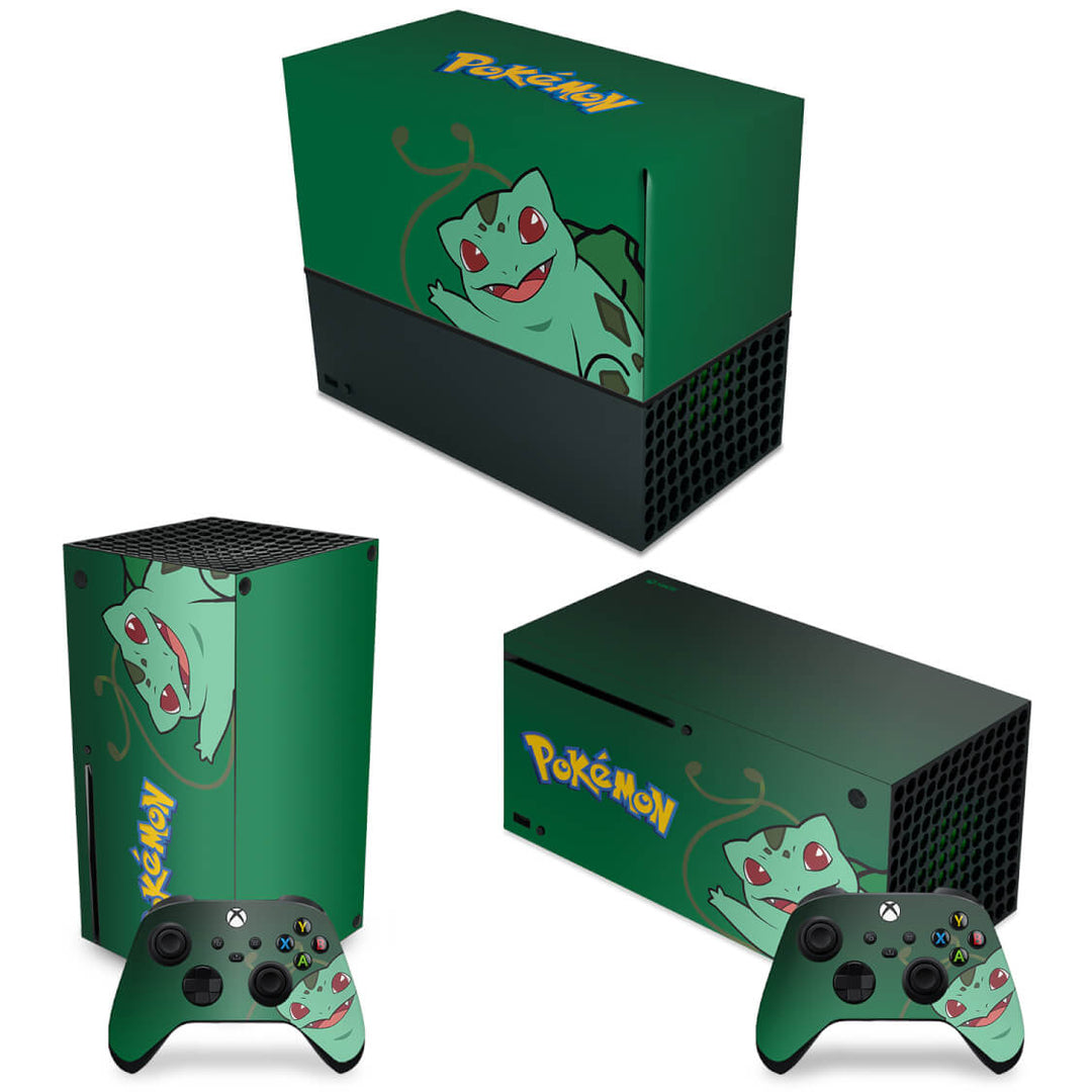 KIT Capa Anti Poeira e Skin Anti-Rage Xbox Series X Horizontal - Pokemon Bulbasaur - Pop Arte Skins