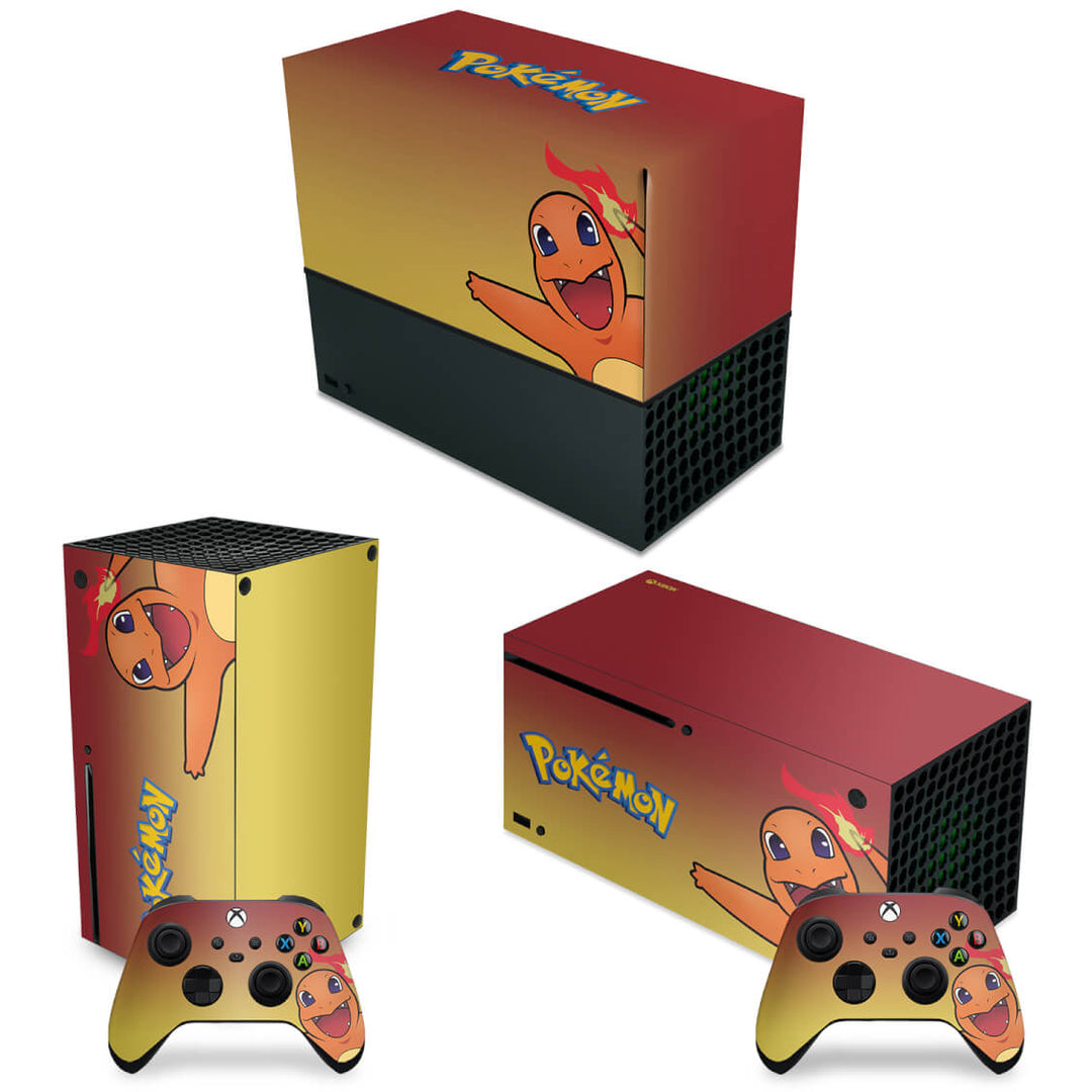 KIT Capa Anti Poeira e Skin Anti-Rage Xbox Series X Horizontal - Pokemon Charmander - Pop Arte Skins