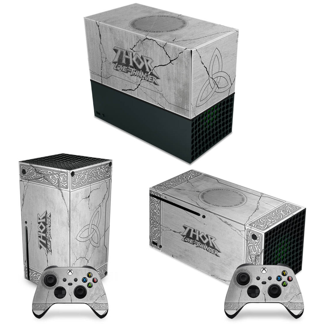 KIT Capa Anti Poeira e Skin Anti-Rage Xbox Series X Horizontal - Mjolnir Thor Amor e Trovão - Pop Arte Skins