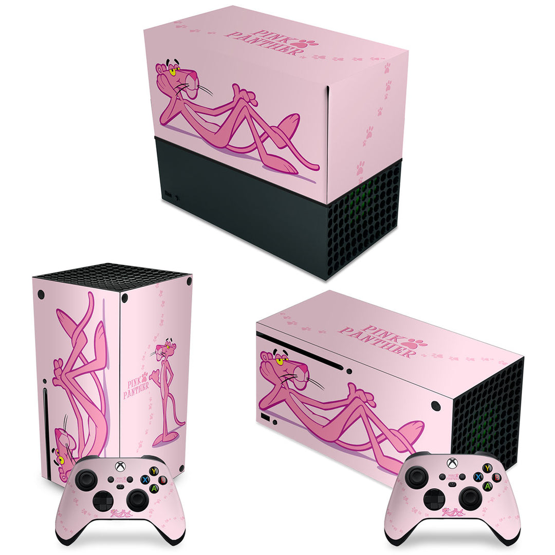 KIT Capa Anti Poeira e Skin Anti-Rage Xbox Series X Horizontal - Pantera Cor de Rosa - Pop Arte Skins
