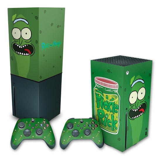 KIT Capa Anti Poeira e Skin Anti-Rage Xbox Series X Vertical - Pickle Rick And Morty
