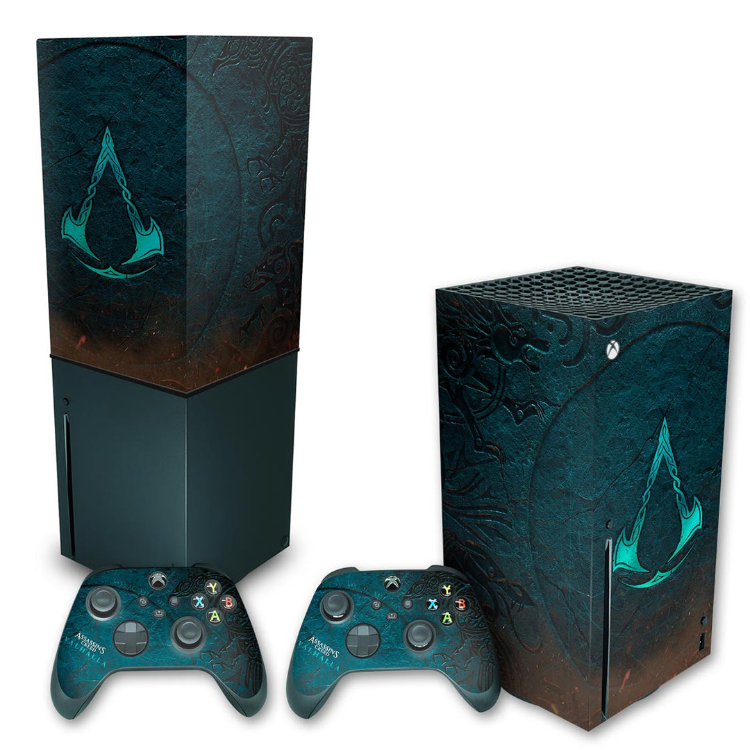 KIT Capa Anti Poeira e Skin Anti-Rage Xbox Series X Vertical - Assassin's Creed Valhalla - Pop Arte Skins