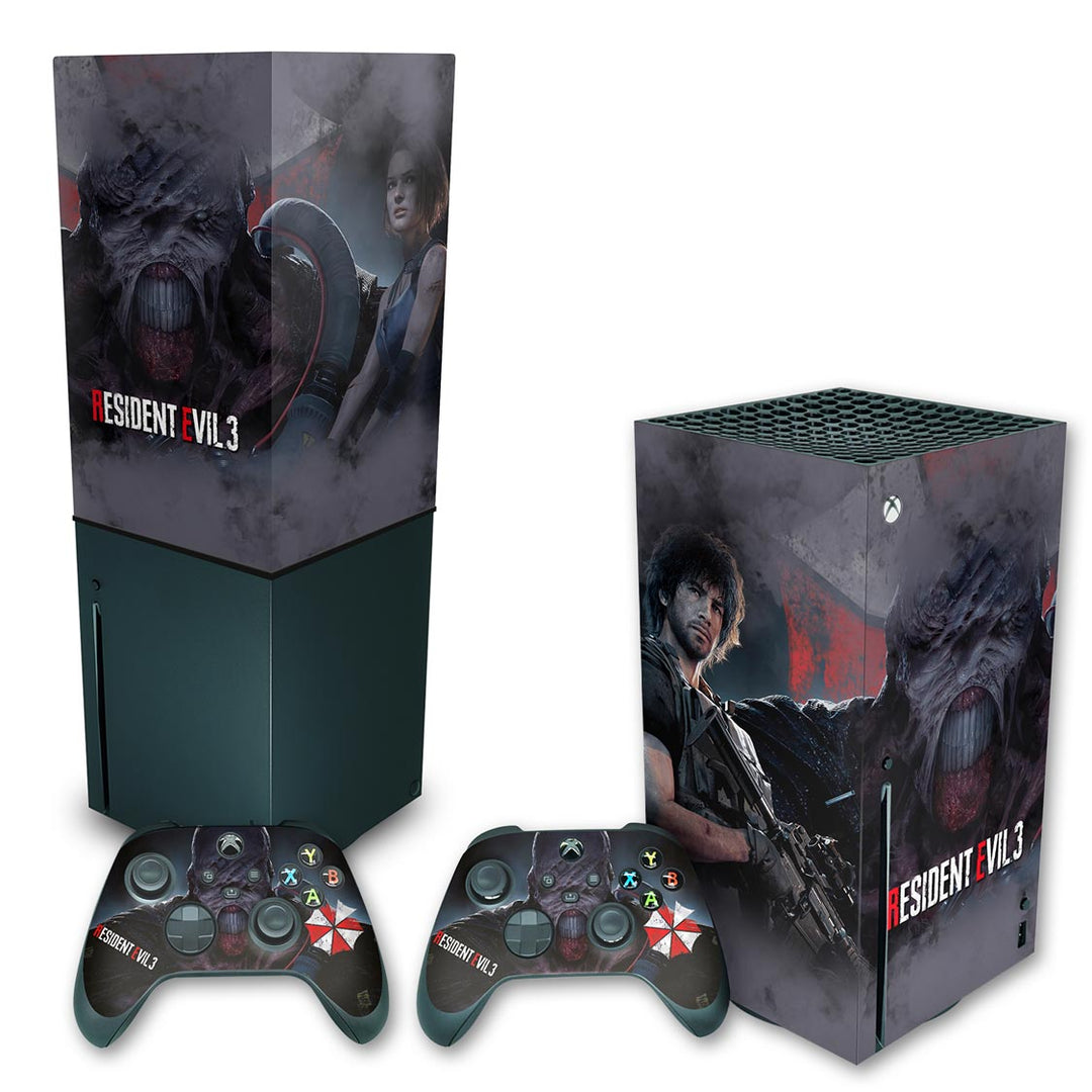 KIT Capa Anti Poeira e Skin Anti-Rage Xbox Series X Vertical - Resident Evil 3 Remake - Pop Arte Skins