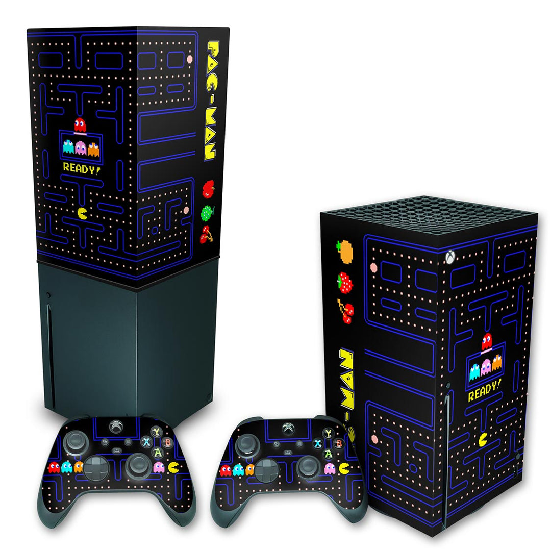 KIT Capa Anti Poeira e Skin Anti-Rage Xbox Series X Vertical - Pac Man - Pop Arte Skins