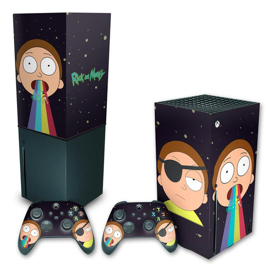 KIT Capa Anti Poeira e Skin Anti-Rage Xbox Series X Vertical - Morty Rick And Morty