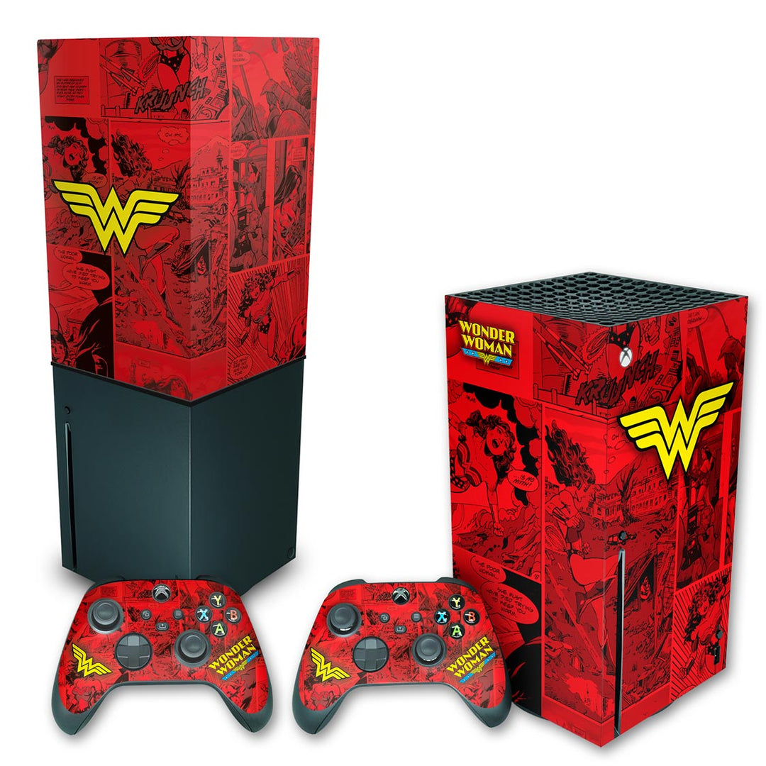 KIT Capa Anti Poeira e Skin Anti-Rage Xbox Series X Vertical - Mulher Maravilha Comics - Pop Arte Skins
