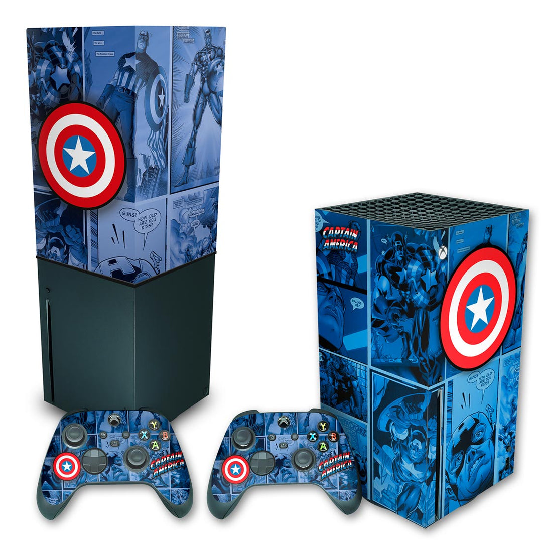 KIT Capa Anti Poeira e Skin Anti-Rage Xbox Series X Vertical - Capitão América Comics - Pop Arte Skins