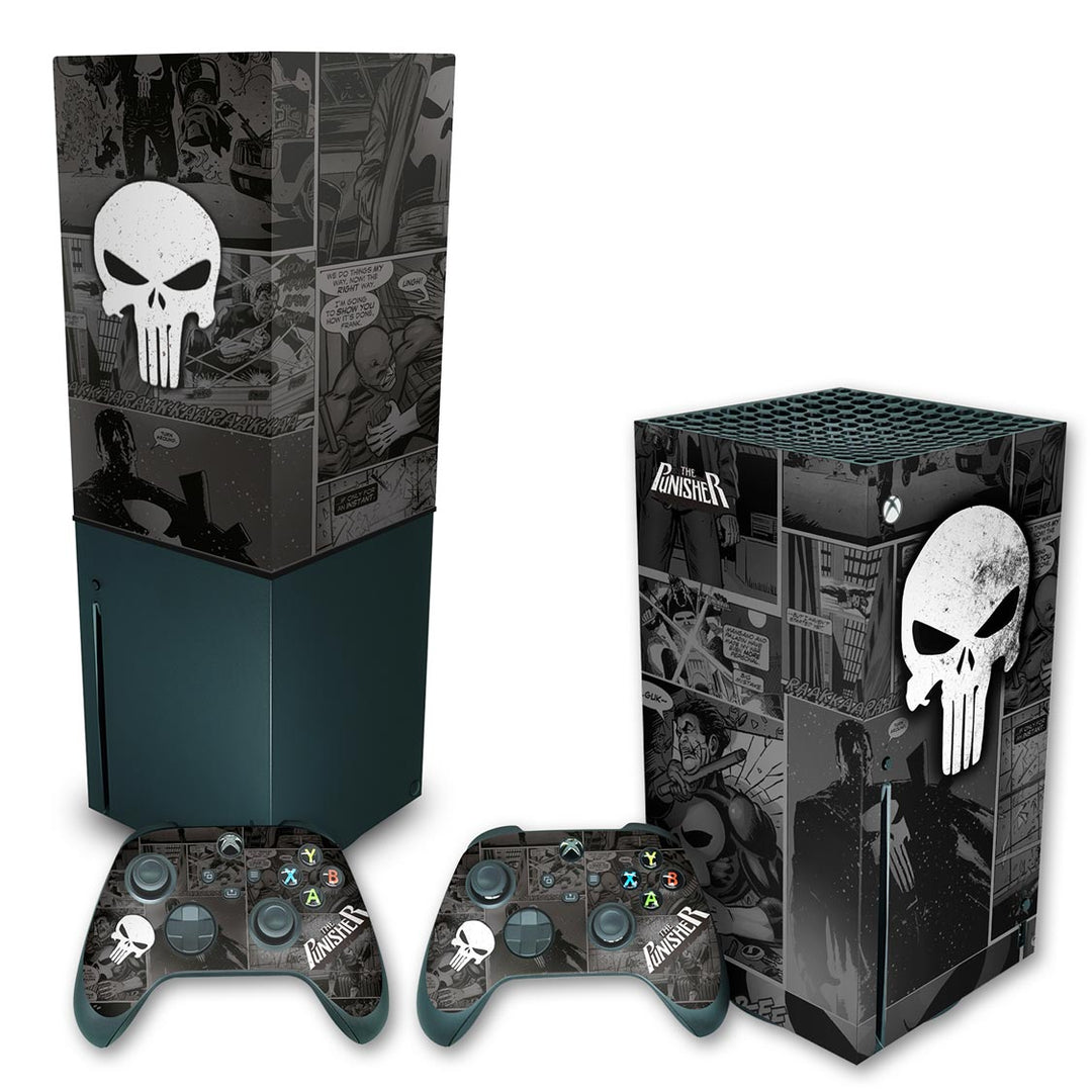 KIT Capa Anti Poeira e Skin Anti-Rage Xbox Series X Vertical - The Punisher Justiceiro Comics - Pop Arte Skins