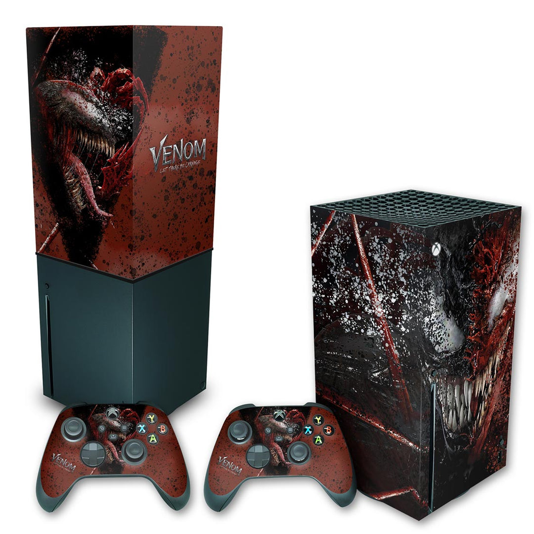 KIT Capa Anti Poeira e Skin Anti-Rage Xbox Series X Vertical - Venom Tempo de Carnificina - Pop Arte Skins