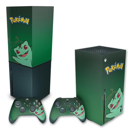 KIT Capa Anti Poeira e Skin Anti-Rage Xbox Series X Vertical - Pokemon Bulbasaur