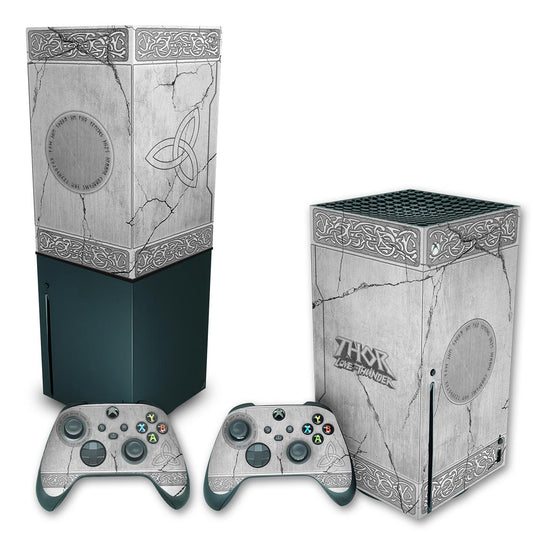KIT Capa Anti Poeira e Skin Anti-Rage Xbox Series X Vertical - Mjolnir Thor Amor e Trovão