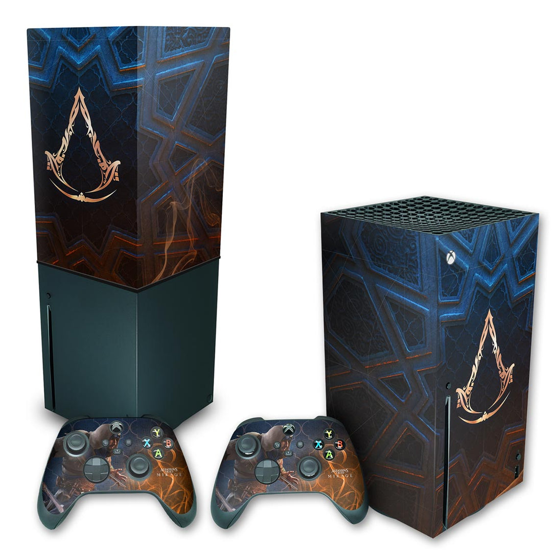 KIT Capa Anti Poeira e Skin Anti-Rage Xbox Series X Vertical - Assassin's Creed Mirage - Pop Arte Skins