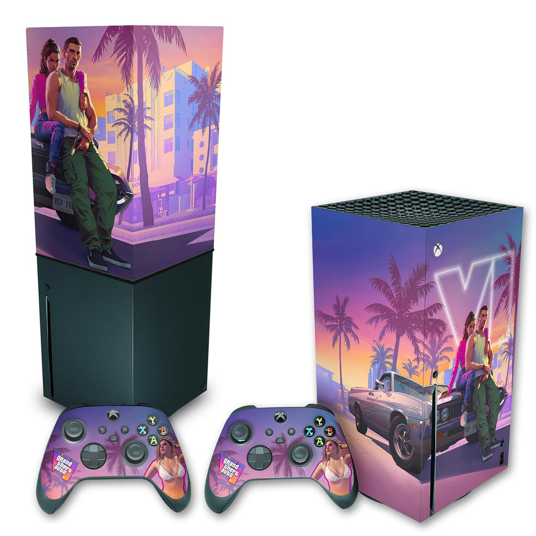 KIT Capa Anti Poeira e Skin Anti-Rage Xbox Series X Vertical - GTA 6 VI - Pop Arte Skins