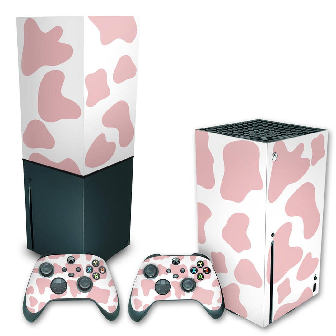 KIT Capa Anti Poeira e Skin Anti-Rage Xbox Series X Vertical - Vaquinha Rosa - Pop Arte Skins