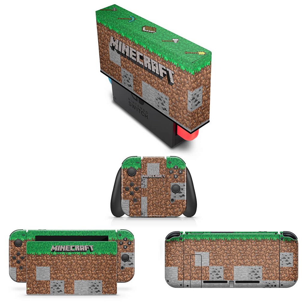 KIT Capa Anti Poeira e Skin Anti-Rage Nintendo Switch 1 - Minecraft