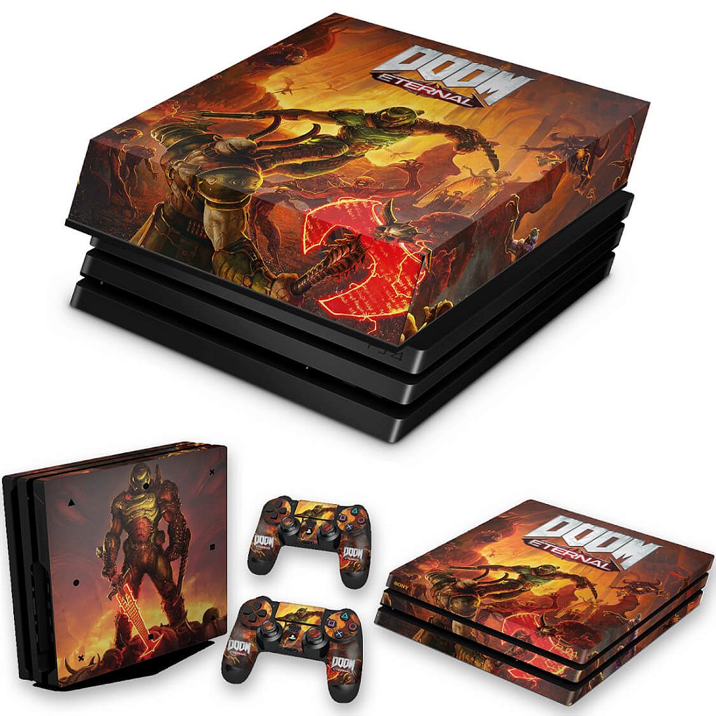 KIT Capa Anti Poeira e Skin Anti-Rage PS4 Pro - Doom Eternal